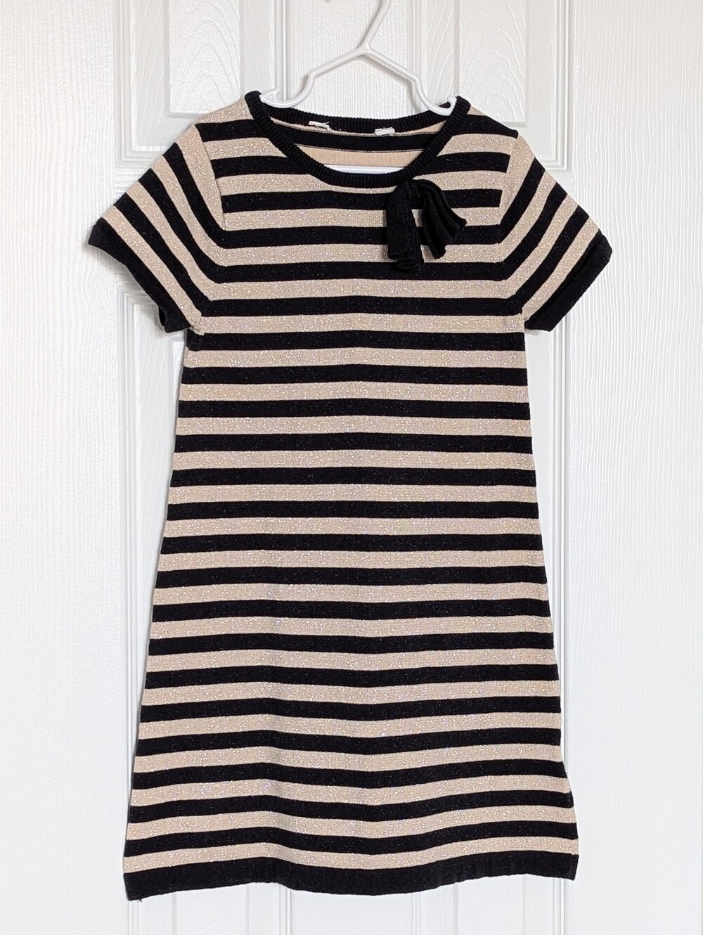 Girls' Black & Shimmering Gold Striped Short-Sleeve Knit Dress w/Bow Accent